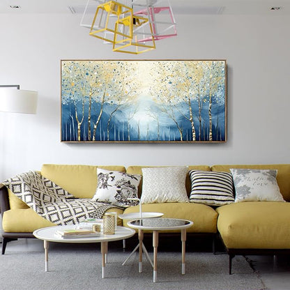 amatop Extra Large Framed Wall Picture for Living Room Abstract Forest Canvas Art Print Modern Landscape Tree of Life Picture Oversized Birch Artwork Bedroom Home Office Decor Blue Orange 58x29 Inch