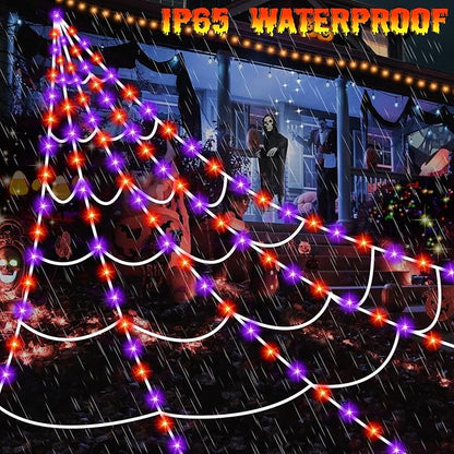 Halloween Decorations Outdoor Spider Web Lights, 16.4Ft 220 LED Lighted Spider Web Light up with 8 Modes Waterproof Timer for Yard House Halloween Outdoor Decor Purple Orange Spiderweb