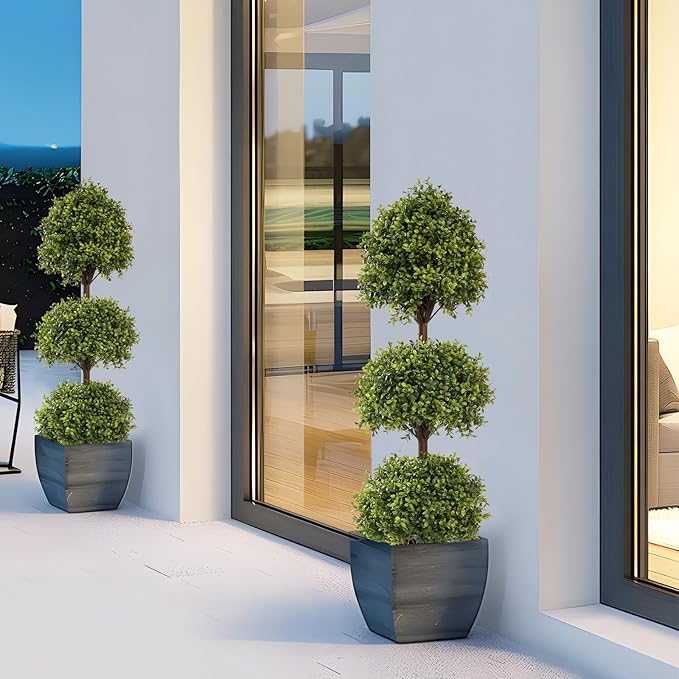 THE BLOOM TIMES 55" Tall Artificial Boxwood Triple Ball Topiary Trees, UV Resistant Large Fake Potted Plants for Outdoor Planter, Realistic Faux Bushes Shrubs for Front Porch Outside Decor Set of 2