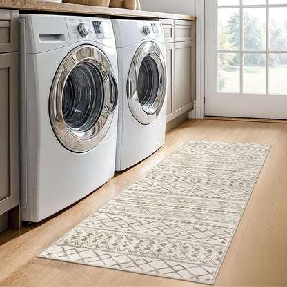 KUTA Boho Hallway Runner Rug 2x5 ft Moroccan Washable Non-Slip Vintage Beige Kitchen Rugs Ultra Soft Distressed Geometric Floor Carpet Runners for Bedroom Laundry Living Room