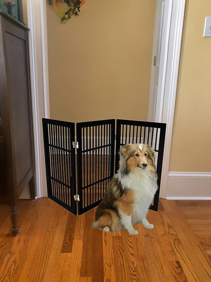 Pet Dog Gate Strong and Durable Freestanding Folding Acacia Hardwood Portable Wooden Fence Indoors or Outdoors by Urnporium (Black Pet Gate, 3 Panel 30" Tall)