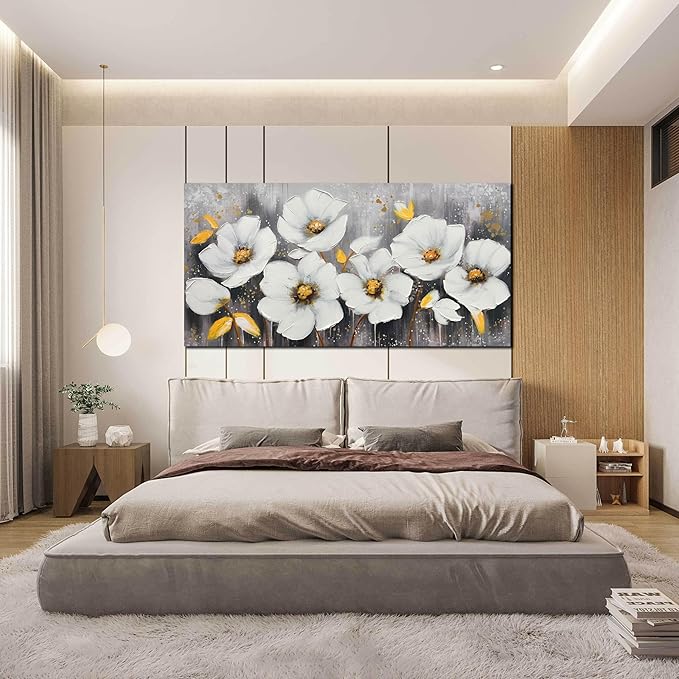 CIRABKY White Flower Canvas Wall Art for Living Room - Modern Hand Painted Wall Art for Office - Teen Girls Room Decor for Bedroom 29" x 59"
