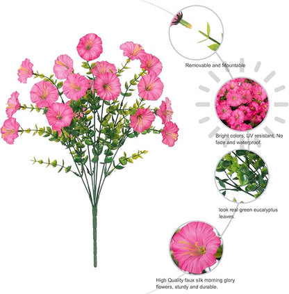Artificial Flowers Fake Plants for Outdoors Decoration, 12 Bundles Pink Silk Morning Glory with Eucalyptus Realistic UV Resistant Faux Flowers Greenery for Outside Planter Yard Garden Home Indoor