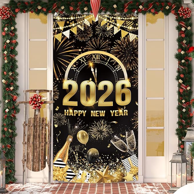 MEHOFOND 2026 Happy New Year Door Cover, Black and Gold New Year Front Door Party Decorations, Cheers to 2026 Hello 2026 Fireworks Champagne Balloon Decor Holiday Party Photo Booth Props