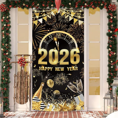 MEHOFOND 2026 Happy New Year Door Cover, Black and Gold New Year Front Door Party Decorations, Cheers to 2026 Hello 2026 Fireworks Champagne Balloon Decor Holiday Party Photo Booth Props