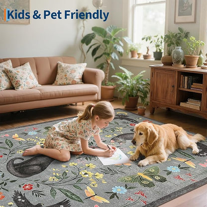 GarveeHome 4x6 Cat Washable Area Rug for Nursery Room, Mushroom Floral Grey Bedroom Rug Non Slip Low Pile Butterfly Carpet Stain Resistant Throw Rug for Dorm Kids Room Office Dining Room