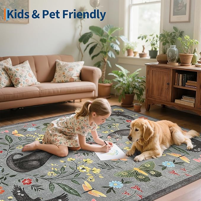 GarveeHome 3x5 Cat Washable Area Rug for Entryway, Mushroom Floral Grey Bedroom Rug Non Slip Low Pile Butterfly Carpet Stain Resistant Throw Rug for Kitchen Dorm Kids Room Office Dining Room