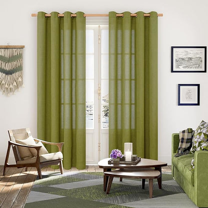 YoungsTex Olive Green Linen Curtains 84 Inches Length for Living Room Bronze Grommet Textured Drapes Privacy Light Filtering for Dining Room Bedroom Office, 52 x 84 Inch, 2 Panels