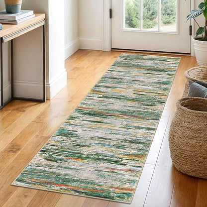 2x6 Modern Abstract Runner Rug for Hallway, Green Teal Orange Multi Super Soft Hallway Decor Kitchen Rugs with Non-Slip, Non-Shedding Washable Rug for Entryway Bedroom Laundry Indoor
