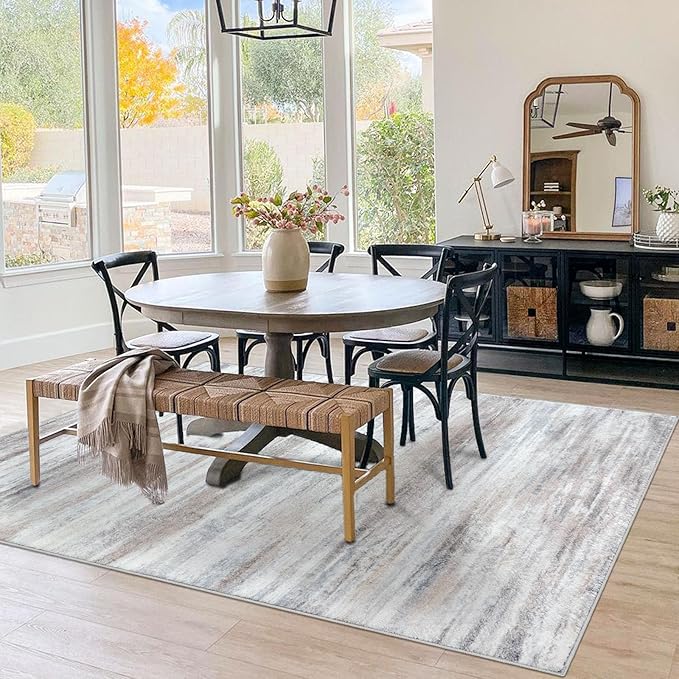 KOZYFLY 6x9 Area Rug Modern Ombre Thin Rugs for Living Room, Washable Large Rugs Non-Slip Soft Striped Rug for Bedroom, Print Beige Abstract Carpet for Laundry/Kid Room