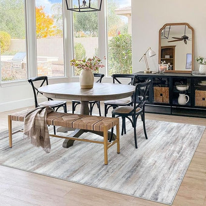 KOZYFLY 6x9 Area Rug Modern Ombre Thin Rugs for Living Room, Washable Large Rugs Non-Slip Soft Striped Rug for Bedroom, Print Beige Abstract Carpet for Laundry/Kid Room