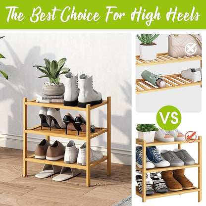 BMOSU 3-Tier Bamboo Small Shoe Rack Premium Stackable Shoe Shelf Storage Organizer for Hallway Closet Living Room Entryway Organizer(Natural)