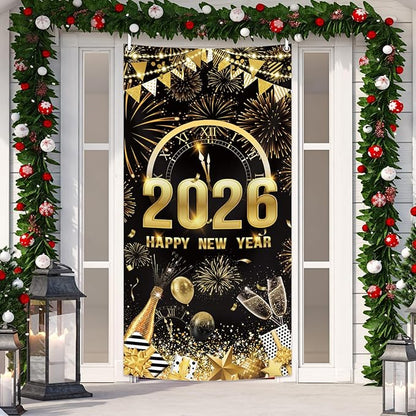 MEHOFOND 2026 Happy New Year Door Cover, Black and Gold New Year Front Door Party Decorations, Cheers to 2026 Hello 2026 Fireworks Champagne Balloon Decor Holiday Party Photo Booth Props