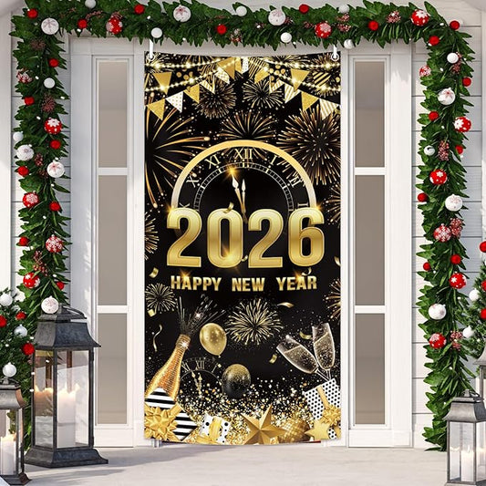 MEHOFOND 2026 Happy New Year Door Cover, Black and Gold New Year Front Door Party Decorations, Cheers to 2026 Hello 2026 Fireworks Champagne Balloon Decor Holiday Party Photo Booth Props