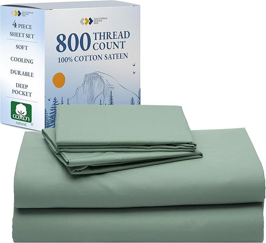 California Design Den King Size Sheet Set - Luxury Hotel 800 Thread Count Sateen, Natural 100% Cotton Bedsheets King Size Bed, Deep Pockets with Anti-Skid Elastic, Cool and Durable - Sage Green