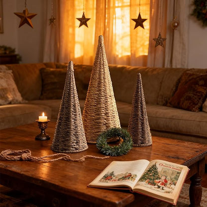3pcs Natural Woven Christmas Trees Decor, Artificial Christmas Tree Decorations for Home Party Table Village Craft Indoor Outdoor Vintage Christmas Decor(Khaki+Dark Brown+Dark Khaki)