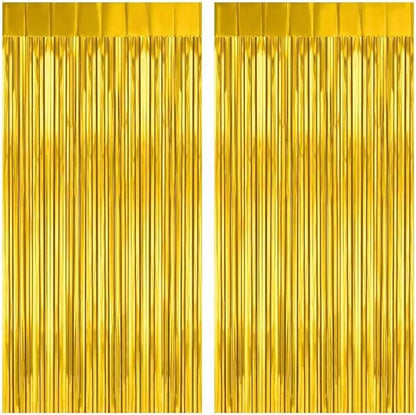 2 Pack Gold Fringe Curtain Backdrop, 3.2Ft x 8.2Ft Metallic Photo Booth Backdrop Tinsel Door Curtains for Birthday Baby Shower Anniversary Christmas New Year Eve Bachelorette Party Decorations