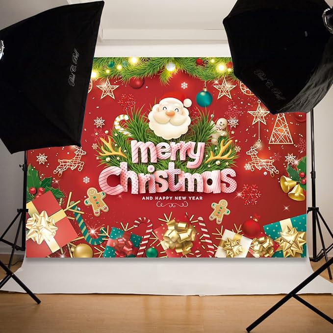 7x5FT Merry Christmas Banner - Santa Claus & Reindeer Background - Red Xmas Party Backdrop for Kids