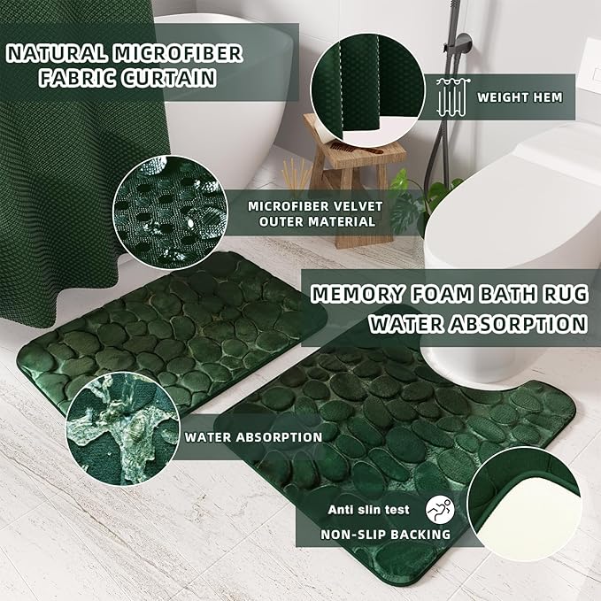 Bathroom Accessory Set - 25PC Green Bathroom Sets, Bathroom Set with Shower Curtain and Rugs, Dark Green Shower Curtain Set, Trash Can, Qtip Holder Dispenser & Soap Dispenser