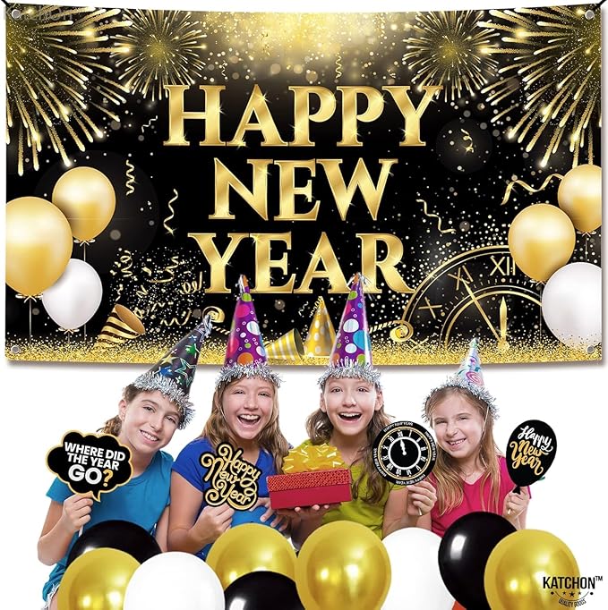 KatchOn, XtraLarge Happy New Year Banner - 72x44 Inch | New Years Backdrop for New Year Decorations 2026 | New Years Eve Party Supplies 2026 | NYE Decorations 2026