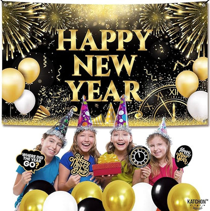 KatchOn, XtraLarge Happy New Year Banner - 72x44 Inch | New Years Backdrop for New Year Decorations 2026 | New Years Eve Party Supplies 2026 | NYE Decorations 2026