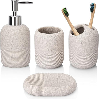 L'ARL GMVOI Bathroom Accessory Set,4 Piece Bathroom Decor Accessories Sets with Lotion Soap Dispenser,Toothbrush Holder,Bathroom Tumbler,Soap Dish for Bathroom Vanity Countertop Accessories,Beige