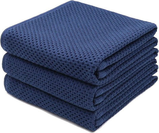 Mia's Dream Cotton Face Waffle Weave Tea Towels, Soft Absorbent Bath Guest Gym Towel Washcloths, 13"x28", 3 Pack (Navy Blue)