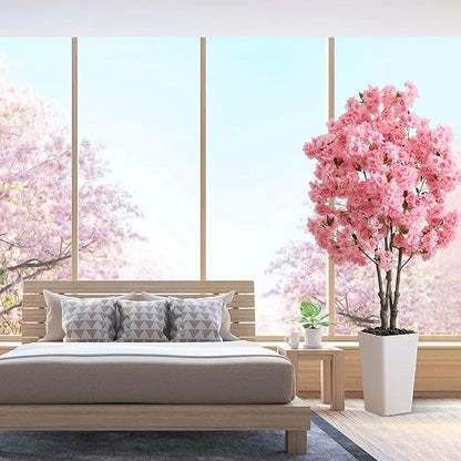 Artificial Cherry Blossom Tree, 5FT Fake Plants Indoor, Faux Pink Sakura Flowers Blooming Tree in Pot, Artificial Trees Silk Plant for House Bedroom Living Room Office Entryway Porch Decor