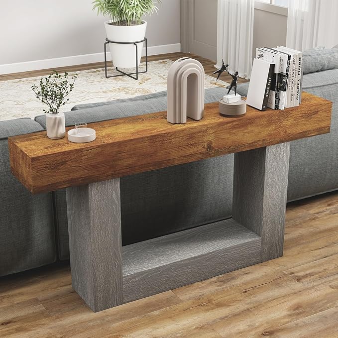 Vibe & Dine 63" Entryway Table, Farmhouse 2-Tier Console Table with U-Shaped Base, Narrow Long Wood Couch Table Behind Sofa for Living Room, Hallway, Foyer, Dark Gray