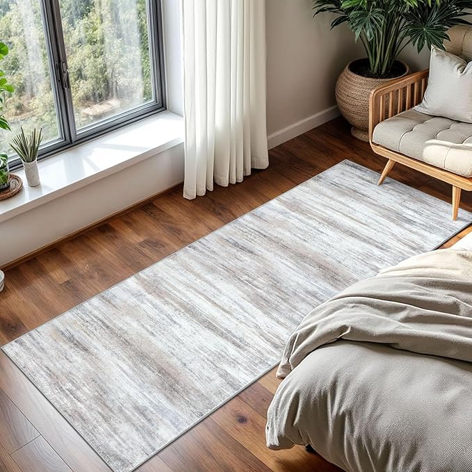 KOZYFLY Modern Abstract Kitchen Runner Rug, 2x5 Washable Rug Runner Non-Slip Soft Striped Hallway Runner Rugs, Beige Print Carpet Runner for Entryway Bathroom Laundry Room Foyer