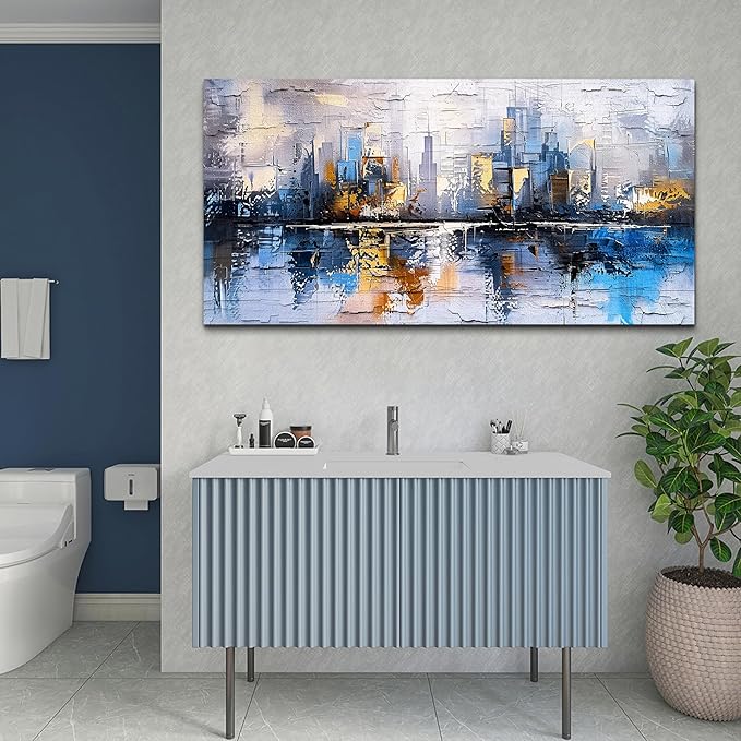 KELIYUAN Abstract City Oil Painting Large Home Decor Mural Living Room Bedroom Modern Printed Canvas Wall Art Yellow Blue Graffiti Mural Office Corridor Can Be Directly Hung Wall Decor 24 X 48 In