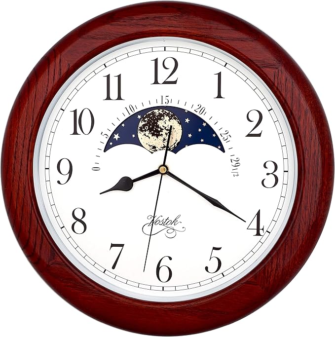 JUSTIME 14 Inch Exclusive Solid Oak Wood Non-Ticking Sweep Mechanical Specialty Moon Phase Moving Dial Wall Clock, Gift, Home Décor