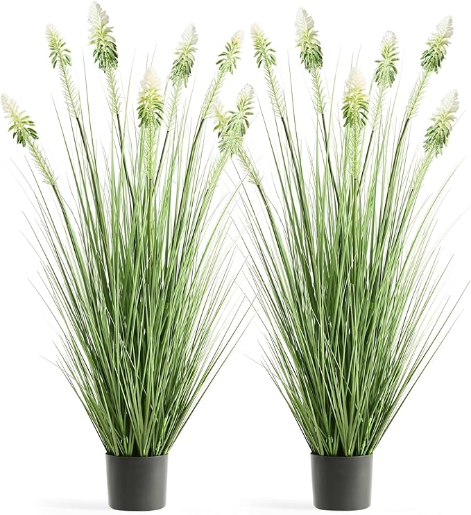 4ft 2-Pack Horsetail Reed Grass with White Cockscomb Flower, 48in Tall Indoor Outdoor Green Onions Fake Plants in Pot, Home Office Decorative Artificial Plant & Greenery, Wedding Décor