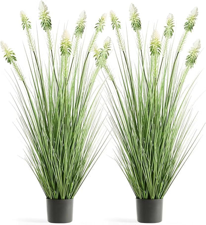 4ft 2-Pack Horsetail Reed Grass with White Cockscomb Flower, 48in Tall Indoor Outdoor Green Onions Fake Plants in Pot, Home Office Decorative Artificial Plant & Greenery, Wedding Décor