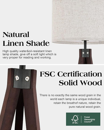 ELYONA Wood Tripod Floor Lamp, Mid Century Modern Reading Standing Light, Tall Studying Light with 3 Color Temperatures LED Bulb & Nature Linen Shade for Farmhouse Living Room Bedroom Office, Walnut