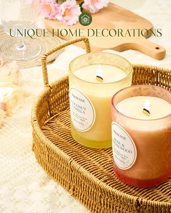 M&SENSE Jasmine Amber Candle, Cracking Wooden Wick Soy Wax, 18oz 100 Hours Long Lasting Clean Burn, Large Jar Candles for Home Scented, Non-Toxic Relaxing Aromatherapy Gifts for Women