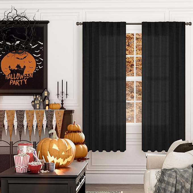 YoungsTex Black Linen Curtains 72 inch Length for Living Room, Light Filtering Semi Sheer Window Drapes with Rod Pocket Back Tab Gothic Decorative for Bedroom Dining Room, 52 X 72 Inch, 2 Panels