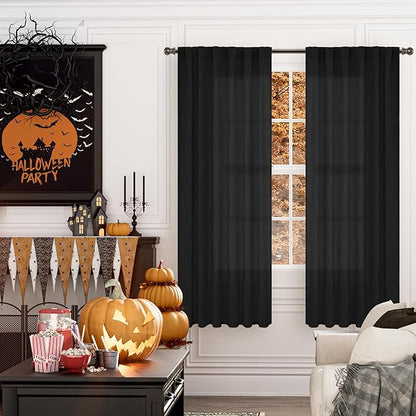 YoungsTex Black Linen Curtains 72 inch Length for Living Room, Light Filtering Semi Sheer Window Drapes with Rod Pocket Back Tab Gothic Decorative for Bedroom Dining Room, 52 X 72 Inch, 2 Panels