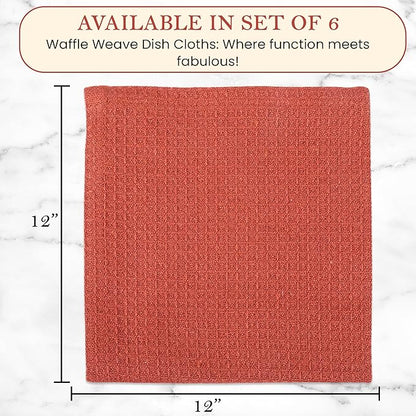 Vintage Vista 100% Cotton Waffle Dish Cloths (Pack of 6) - Dish Rags for Washing Dishes - Reusable & Highly Absorbent Kitchen Towels - Kitchen Rags for Christmas - (12" x 12" - Light Brown)