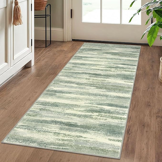 Modern Abstract Runner Rug 2x5, Sage Green Grey Washable Kitchen Runner Entryway Rug Mat Non-Slip Soft Hallway Rug Runner Thin Print Faux Wool Carpet for Bedroom Laundry Room Indoor