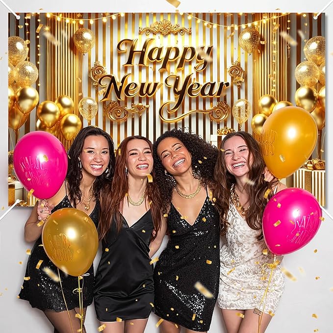 Happy New Year Banner 2026 71 x 43 Inch Gold New Year Party Decoration Photo Backdrop for Celebration Holiday Party Decor Wall Hanging Indoor Outdoor Event