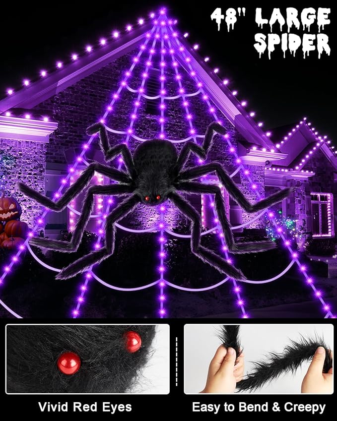 Brighter Spider Web Lights Halloween Decorations Outdoor, 2025 Upgraded 250 Purple LED Lights 16.4ft Spider Web with 48 Inches Giant Spider, 8 Modes, Timer & Memory Function, Outdoor Halloween Decor