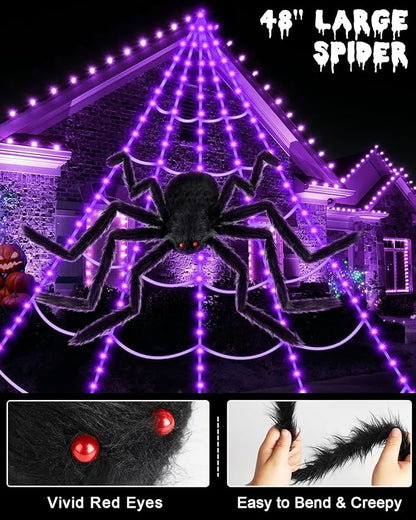 Brighter Spider Web Lights Halloween Decorations Outdoor, 2025 Upgraded 250 Purple LED Lights 16.4ft Spider Web with 48 Inches Giant Spider, 8 Modes, Timer & Memory Function, Outdoor Halloween Decor