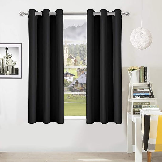 DWCN Black Blackout Curtains Blocking Light Room Darkening Thermal Insulated Grommet Window Curtain for Bedroom Living Room Privacy Solid Drapes 38 x 72 Inches Length, Set of 2 Thick Panels