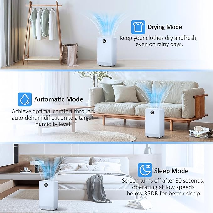 2500 Sq.Ft Dehumidifier with Drain Hose for Basement and Home Large Bedroom Bathroom, 35 Pints Dehumidifiers with Auto Shut Off, Intelligent Humidity Control, Auto Defrost, 3 Modes, 24HR Timer