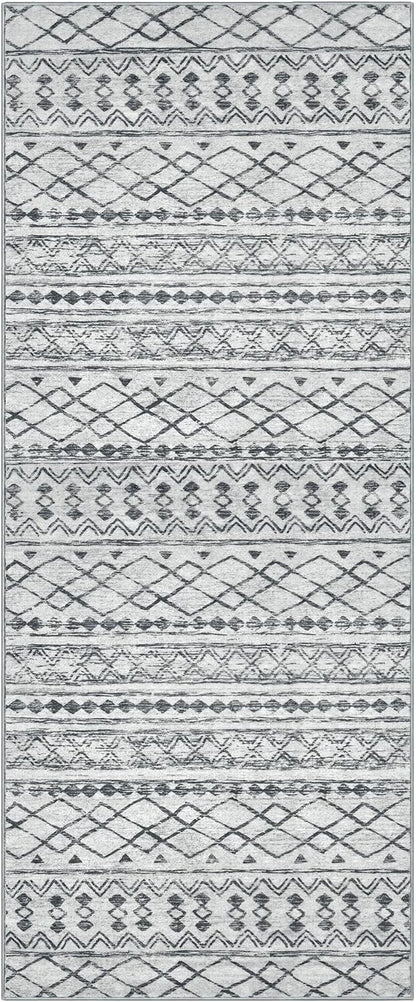 KUTA Moroccan Washable Runner Rug 2.6x8, Non-Slip Vintage Grey Boho Hallway Runners Kitchen Rugs Ultra Soft Print Distressed Geometric Floor Carpet for Bedroom Laundry Living Room