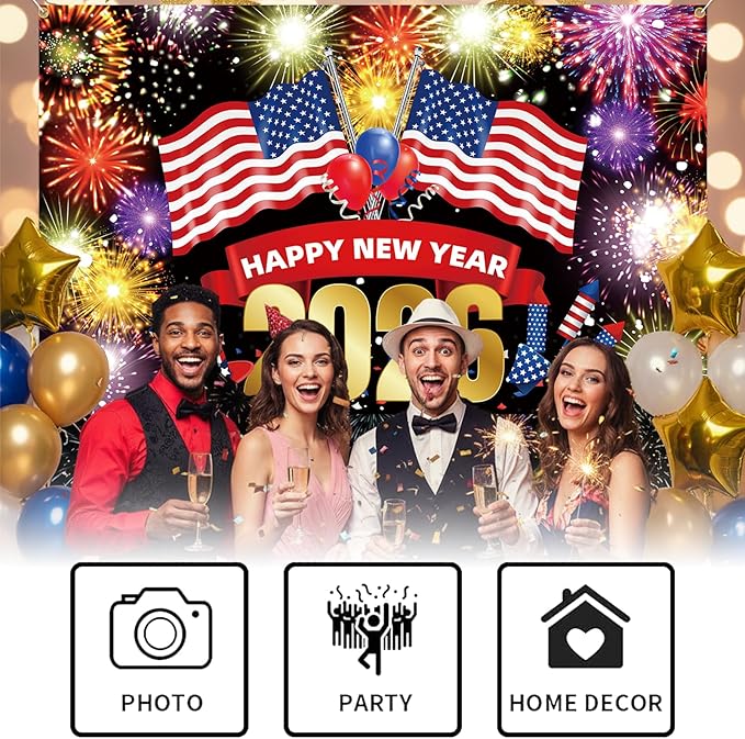 Happy New Year Banner 2026 72x44 Inch Illuminated Firework Design New Years Eve Party Decorations Holiday Celebration Banner Props Backdrop