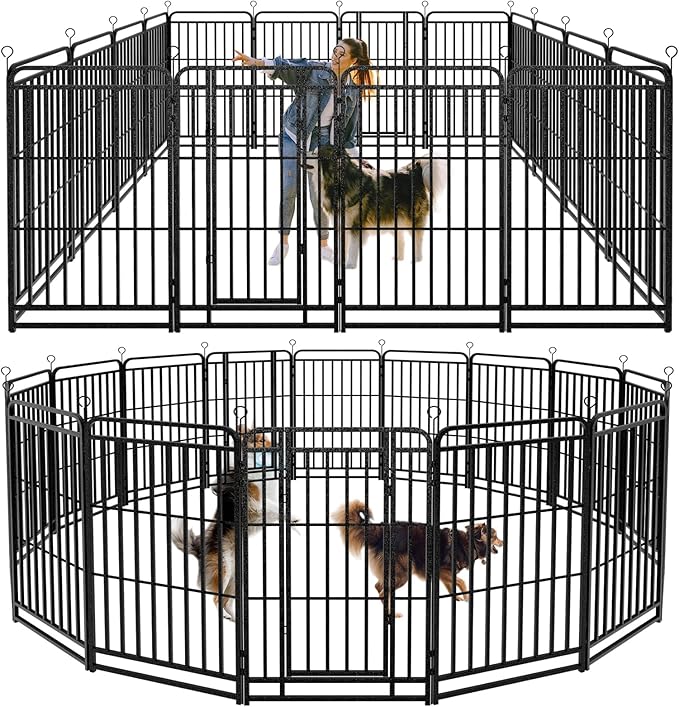 Dog Playpen Outdoor 16 Piece Panels Heavy Duty Dog Fence 47" Height with Thick Pipe Anti-Rust with Doors Portable for RV Camping Yard, Total 36FT, 103 Sq.ft, Snowy Black