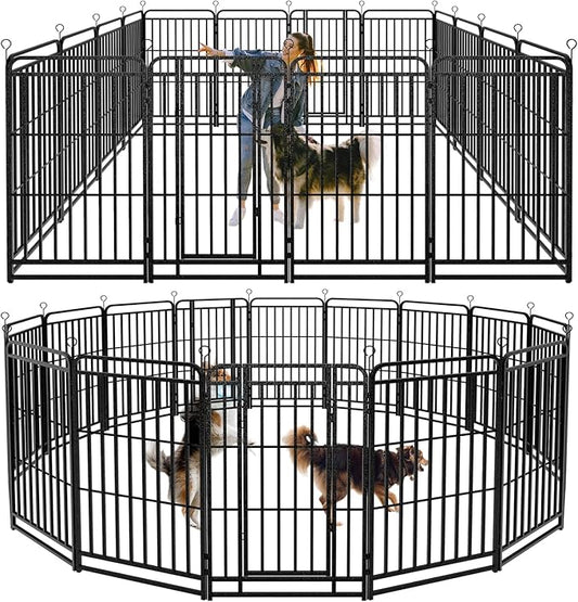 Dog Playpen Outdoor 16 Piece Panels Heavy Duty Dog Fence 47" Height with Thick Pipe Anti-Rust with Doors Portable for RV Camping Yard, Total 36FT, 103 Sq.ft, Snowy Black
