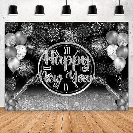 MEHOFOND 10x7ft Happy New Year Backdrop Silver 2026 New Year Eve Party Decorations Banner Supplies Shining Champagne Balloons Firework Photography Background New Years Eve Photo Studio Props
